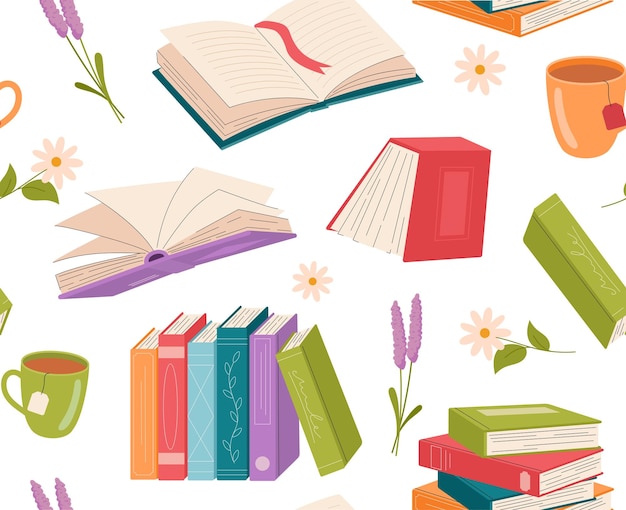 Seamless pattern with books Repeating design element for printing on fabric Mug of hot tea textbooks and fiction Knowledge and information Literature and reading Cartoon flat vector illustration