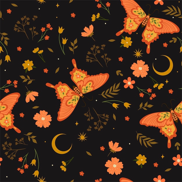 seamless pattern with butterflies and flowers in boho style vector graphics