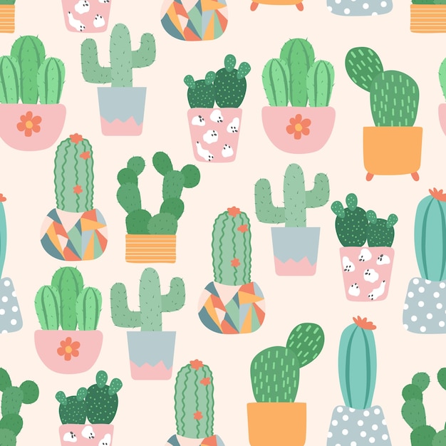 seamless pattern with different cactus and succulents flat vector illustration
