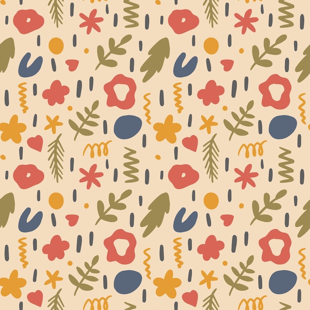 Seamless pattern with flowers leaves and abstract elements