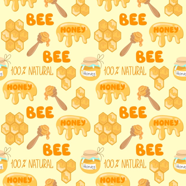 Seamless  Pattern with Flying Bumble Bees The bee is holding a spoon with honey Print for fabric