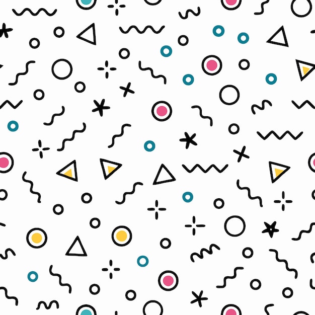seamless pattern with geometric shapes colorful circles stars and wavy lines on white background