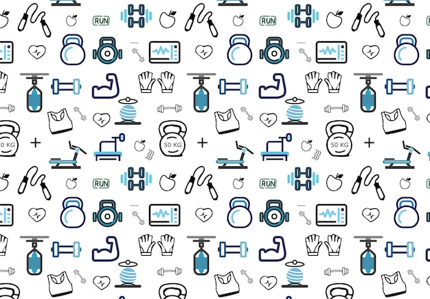 seamless pattern with gym icons dumbbells kettlebells jumping rope running shoe