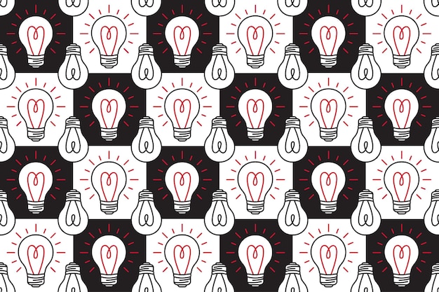 Seamless pattern with light bulbs against a chess background Simple design hand drawn style