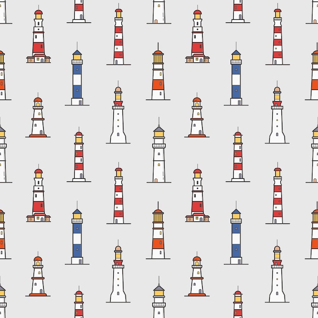 Seamless pattern with lighthouses of various types on light