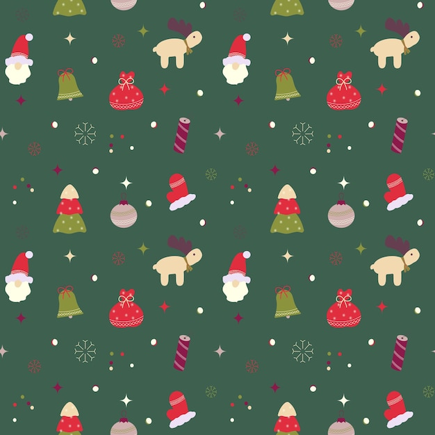 seamless pattern with New Year and Christmas attributes on a green background