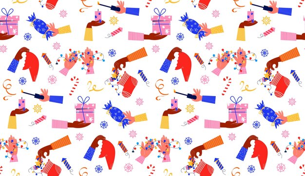 Seamless pattern with New Year elements in hands in flat retro cartoon style Vector background