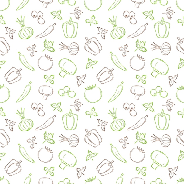 Seamless pattern with vegetables in a linear, hand-drawn style. Summer vegetables.