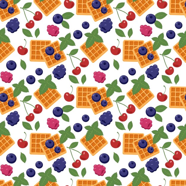Seamless pattern with waffle and cherries, blueberries and blackberries and mint leaves. Print with fresh pastries for breakfast with healthy berries and fruits. Vector flat illustration