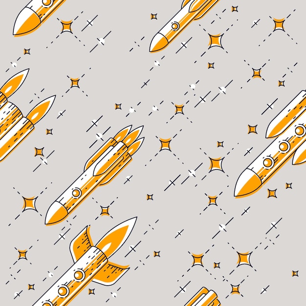 Seamless space background with rockets and stars, cosmos fantastic and breathtaking textile fabric for children, endless tiling pattern, vector illustration cartoon motif.