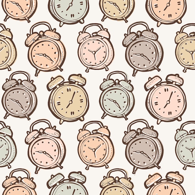 Seamless vector pattern with hand drawn ringing alarm clocks