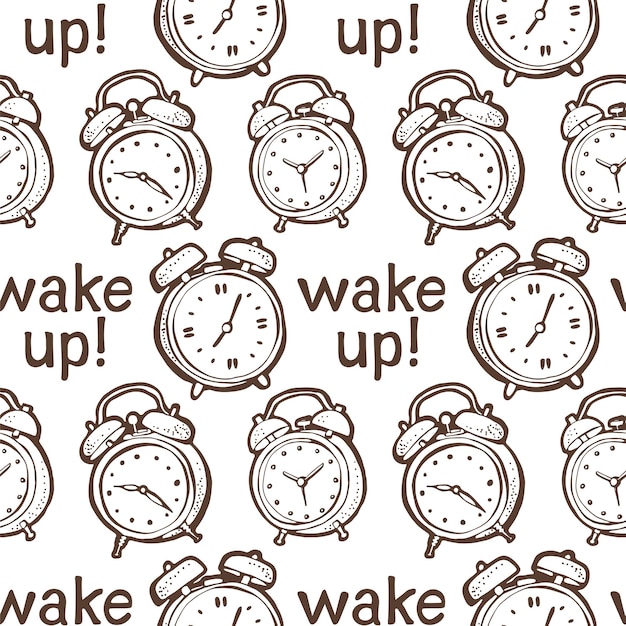Seamless vector pattern with hand drawn ringing alarm clocks