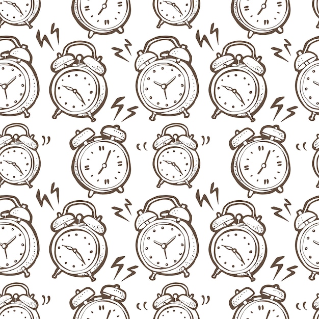 Seamless vector pattern with hand drawn ringing alarm clocks