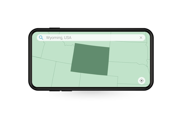 Searching map of Wyoming in Smartphone map application. Map of Wyoming in Cell Phone.