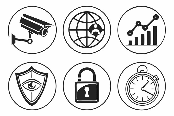 Security camera globe graph shield padlock and stopwatch icons