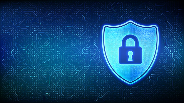 Security shield Cyber security Shield with Lock with keyhole icon Cyber data protection Information privacy idea Circuit board pattern PCB printed circuit texture Vector Illustration