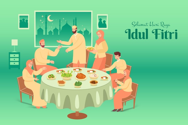 Selamat hari raya Idul Fitri er et annet språk for happy eid mubarak på indonesisk. Muslimsk familie som spiser middag sammen