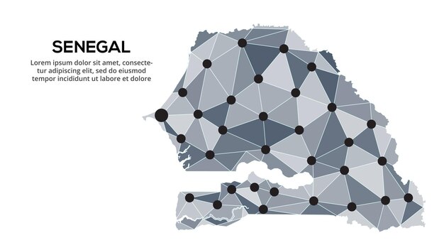 Senegal communication network map Vector image of a low poly global map with city lights Map in the form of triangles and dots