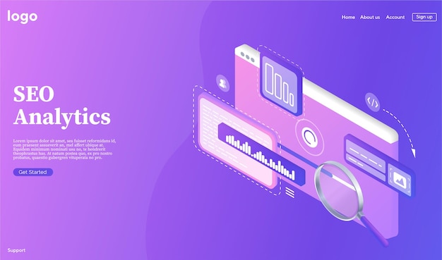 SEO analytics banner Research and analytics of search engine optimization of content Search engines optimization landing page Template landing page for website Web development optimization