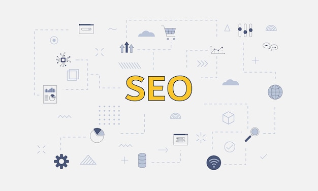 Seo concept with icon set with big word or text on center