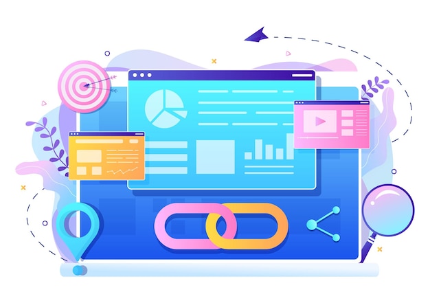 seo link building as search engine optimization, marketing and digital for home page development or mobile applications vector illustration