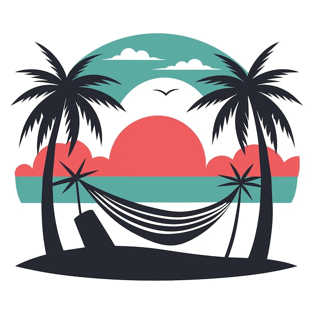 serene beach scene with a hammock between two palm trees a setting sun and gentle waves