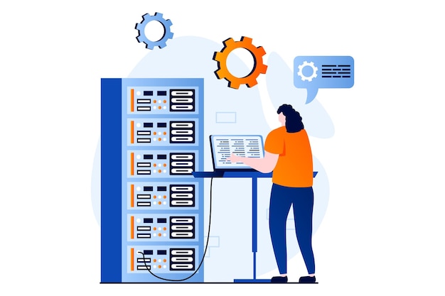 server maintenance concept with people scene in flat cartoon design woman working at laptop in server rack hardware room monitoring and administration vector illustration visual story for web