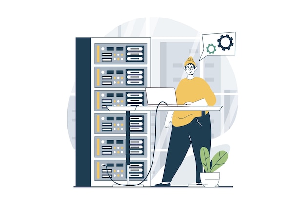 server maintenance concept with people scene in flat design for web man engineer upgrading and fixing equipment in hardware rack room vector illustration for social media banner marketing material