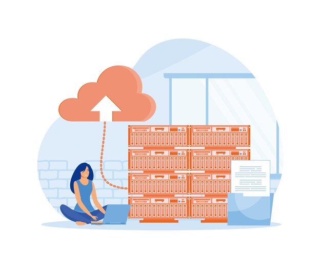 Server maintenance concept with people scene Woman working as tech engineer and settings cloud computing at server racks room flat vector modern illustration