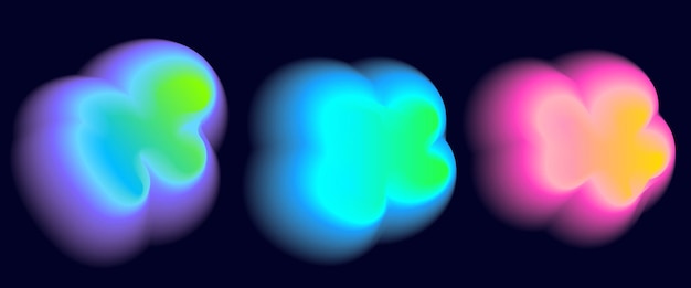Set color neon irregular blob gradient blend gradation Abstract colorful blur shapes on dark blue background Abstract y2k pop design elements Aura concept with glow effect Vector illustration