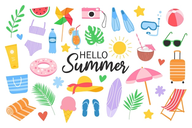 Set cute summer holiday beach elements Hello summer lettering Cartoon vector illustration