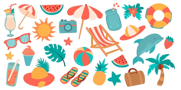 Set cute summer holiday beach elements