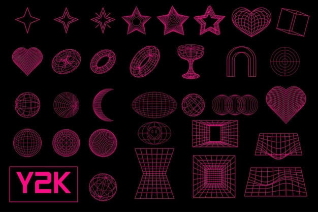 Set linear black geometric neon acid pink frame figure y2k 3d Set linear black geometric neon acid pink frame figure y2k 3d Vector for poster banner Vector for poster banner