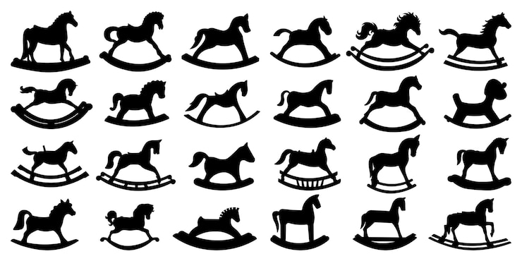 Set of 24 item rocking horse silhouette vector illustration