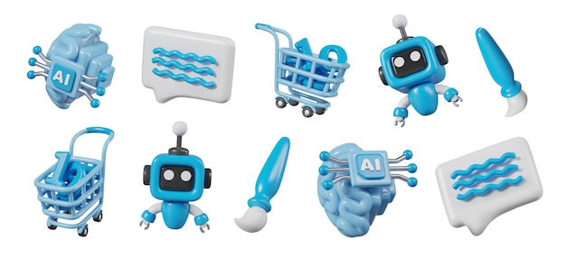 set of 3d icons for ai service vector blue objects in different positions