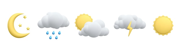 set of 3d realistic forecast weather icons isolated on white background. sun, moon, star, lightning, cloud, rain drops in cartoon style. vector illustration.