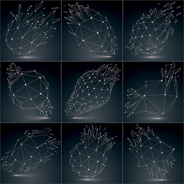 Set of 3d vector low poly objects with white connected lines and dots, wireframe shapes with particles. Collection of perspective shattered forms. Luminescent effect, communication technology.