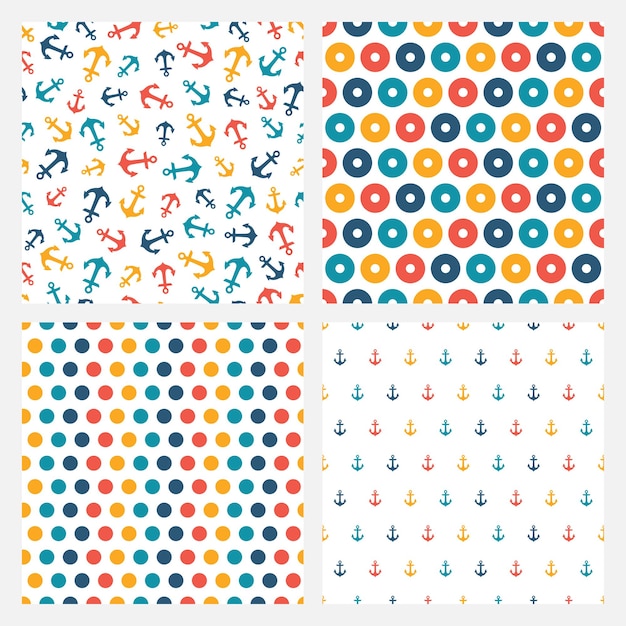set of 4 seamless pattern with colorful anchors, circles and dots