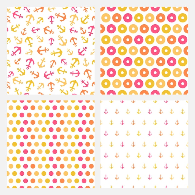 set of 4 seamless pattern with colorful anchors circles and dots