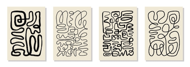 set of 4 wall art posters flyer templates single organic line abstract shape drawn hand drawn design