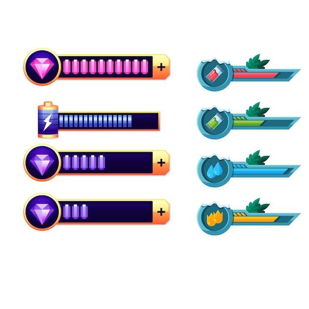 set of 8bit pixel art game asset design elements for video game about cosmos icons of progress bar