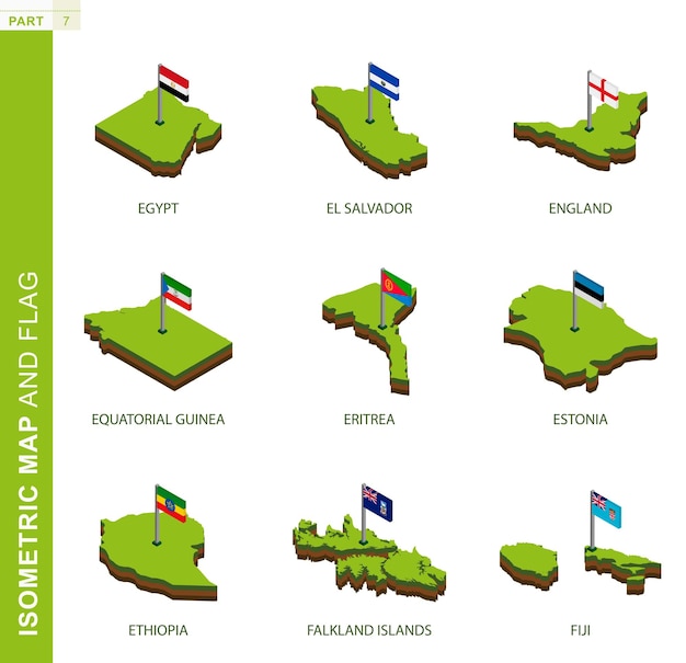 Set of 9 isometric map and flag 3D vector isometric shape