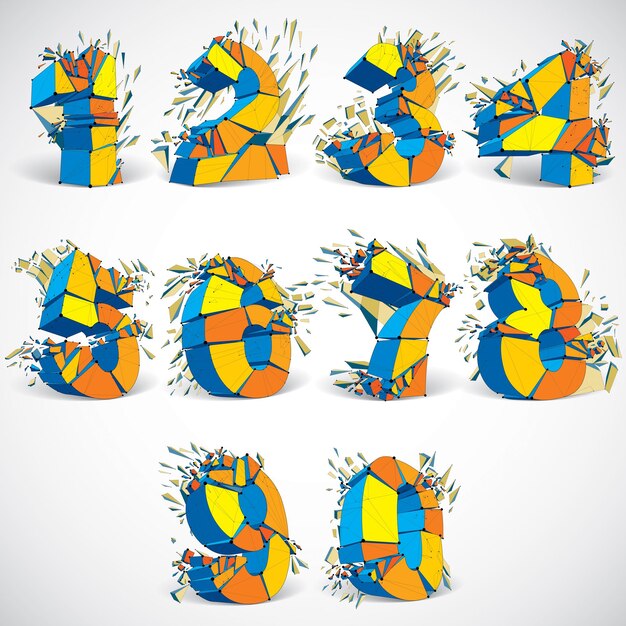 set of abstract 3d faceted colorful numbers with connected black lines and dots. vector low poly shattered math design elements with fragments and particles. explosion effect, numeration with thread.