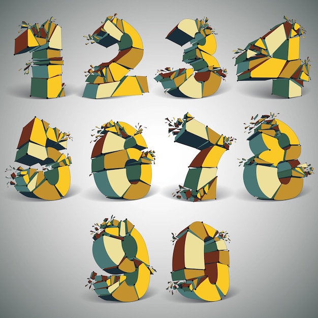 set of abstract 3d faceted golden numbers with connected black lines and dots. vector low poly shattered math design elements with fragments and particles. explosion effect.