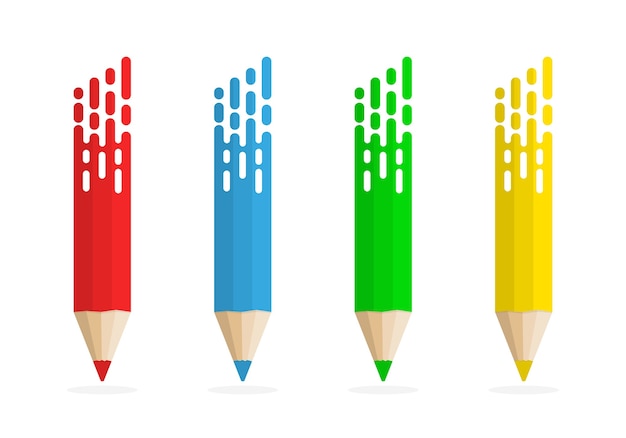 Set of abstract pencils.  Colored pencils on white background with shadow.