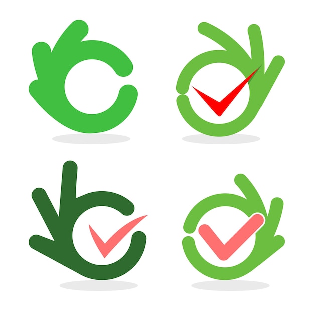 Set of abstract vector okay signs Green and pink collection of gesture symbols Logo set Check icons Tick images
