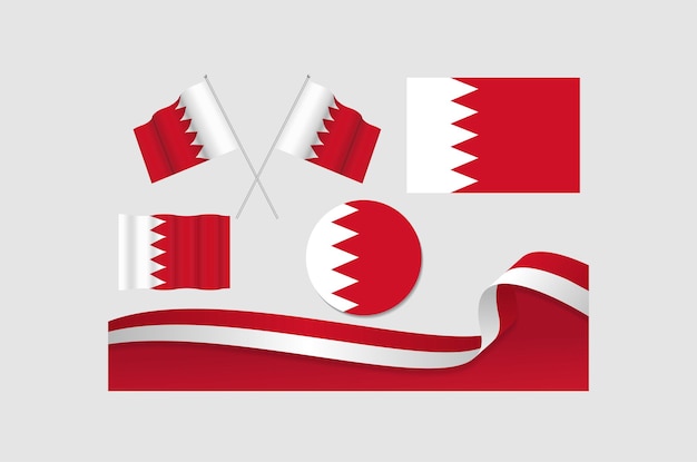 set of bahrain flags in different designs icon flaying flags with ribbon with background