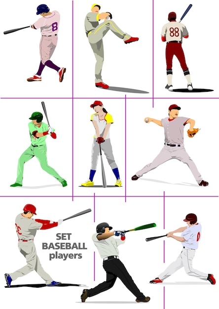 Set of Baseball players Vector 3d hand drawn illustration