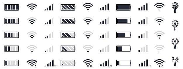 Set of battery charge and wifi icon in black Vector illustration