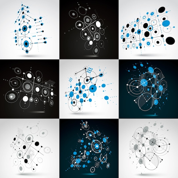 set of bauhaus retro wallpapers, art vector backgrounds made using grid and circles. geometric graphic 1960s illustrations can be used as booklet cover design.